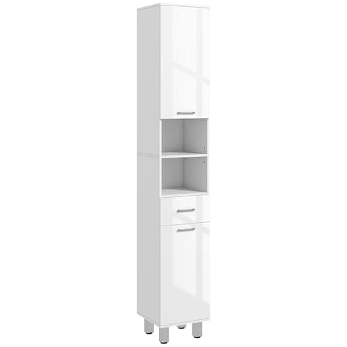 Image of kleankin 71" Tall Slim Bathroom Storage Cabinet, Tall Narrow Cupboard with Drawer, Open Shelves, 2 Doors Cabinets and Adjustable Shelves for Kitchen, Hallway, Living Room, High Gloss White