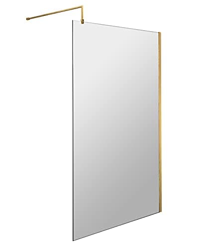 Image of nuie WRSCBB011 Modern Bathroom 8mm Toughened Safety Glass Wetroom Screen with Support Bar, 1100mm, Brushed Brass