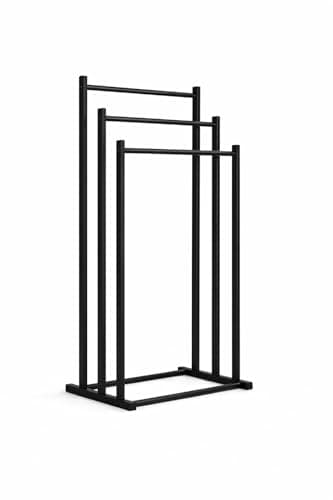 Image of PWRco Freestanding 3-Tier Towel Rack Black Metal Floor Stand, Tall Vertical Ladder-Style Bathroom Towel Holder, Space-Saving Towel Rail Staggered Bars Fast Drying Towel Organizer