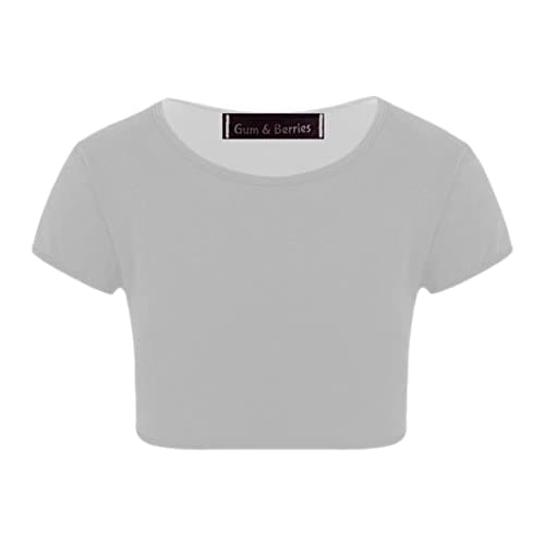 Image of Kids Girls Neon Fluorescent Plain Short Sleeve Crop Tops T-Shirt Tee Top Dance Wear Gymnastic Fancy Dress Colour: Light Grey - Size: 9-10 Years