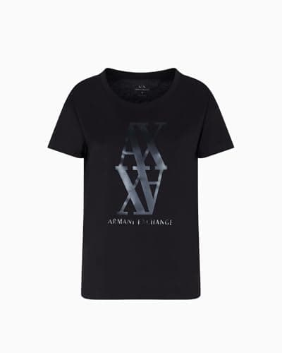 Image of Armani Exchange Women's Short Sleeve On Tone Logo Print Regular Boxy Fit T-Shirt, Black, M