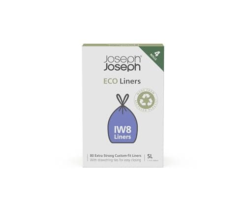 Image of Joseph Joseph Eco Liners Iw8 Eco Recycled Plastic Bin Liners, Kitchen Bathroom Waste Bags With Tie Tape Drawstring Handles, Extra Strong – Pack Of 80, Holds 5 Litres, Grey