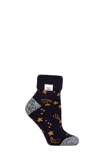 Image of HEAT HOLDERS SOCKSHOP Ladies Socks - Turn Over Cuff Sleep Lite, Warm Chunky Thermal Bed Socks, Patterned, 1 Pair Pack Size 4-8 Navy/Gold Stars