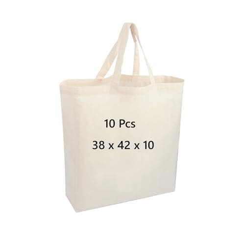 Image of COTTON BAGS PACK OF 10 100% Cotton, 38 x 42 x 10 secured short handle with double and cross stitch, Shopping Bags, Eco Friendly Shoppers, natural cotton shopping tote bags for groceries and reusable