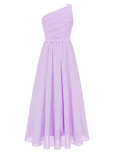 Image of YiZYiF Kids One Shoulder Sleeveless A Line Long Maxi Flower Girl Dress Ruched Formal Prom Dresses Lavender 13-14 Years