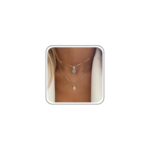 Image of Cybche Vintage Layered Evil Eye Choker Necklace Gold Hamsa Hand Pendant Necklace Turkish Blue Eye Necklaces Layering Italian Box Chain Necklaces Lucky Protection Jewelry for Women