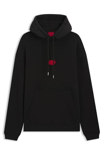 Image of HUGO Mens Dilvano Cotton-blend hoodie with waxed-stamp logo Black