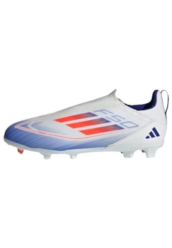 Image of adidas Unisex Kids F50 League Laceless Football Boots Firm Ground, Cloud White/Solar Red/Lucid Blue, 10 UK Child