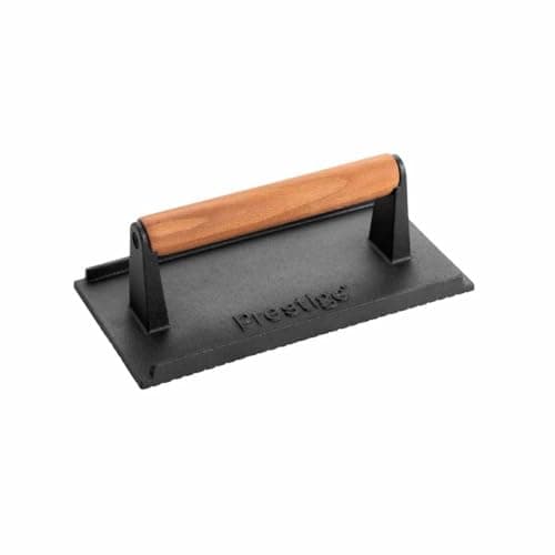Image of Prestige Cast Iron Burger Press – Wooden Heat-Resistant Handle, Pre-Seasoned, Non-Toxic, Easy Clean, Black