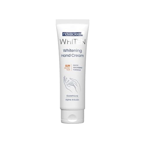 Image of Novaclear Whitening Hand Cream with Glutathione, Alpha Arbutin, Shea Butter, Sweet Almond Oil, and SPF. for hand hyperpigmentation and dark spots, maximum sun protection and moisturizing.