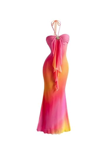 Image of GORGLITTER Summer Dresses for Women UK 2026 Mesh Ombre Fishtail Maxi Dress Ruffle Trim 3D Floral Halter Sundress Hot Pink Small