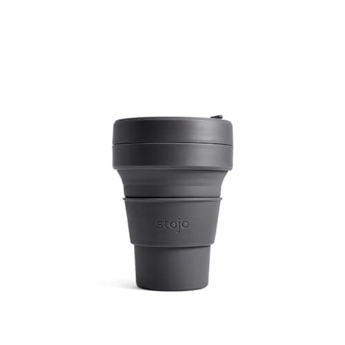 Image of STOJO On-The-Go Collapsible Coffee Cup - 12oz / 355ml - Reusable & Foldable Silicone Travel Mug with Lid - Portable, Pocket Size - Dishwasher Safe - Carbon