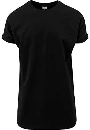 Image of URBAN CLASSICS Men's Long Basic Tee with Round Neckline & Hem, Men's T-Shirt with Turn-Up Finish and Overcut Shoulders, Short-Sleeve Tall Tee T-Shirt with Long Fit, Colour: Black, Size: XX-Large