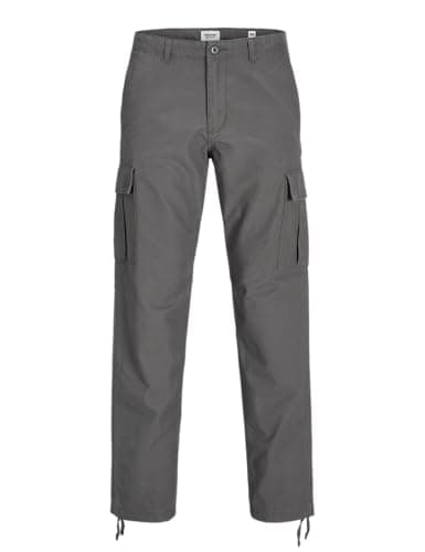 Image of JACK & JONES Mens Cargo Combat Trouser Relaxed Fit Button Fastening Pants for Men UK, Castlerock- 34W / 32L Grey