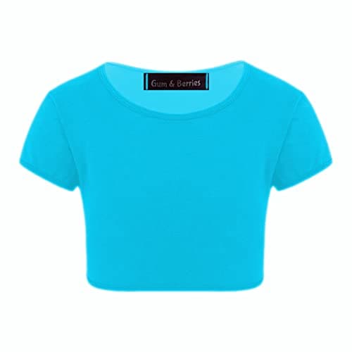 Image of Kids Girls Neon Fluorescent Plain Short Sleeve Crop Tops T-Shirt Tee Top Dance Wear Gymnastic Fancy Dress Colour: Turquoise - Size: 5-6 Years