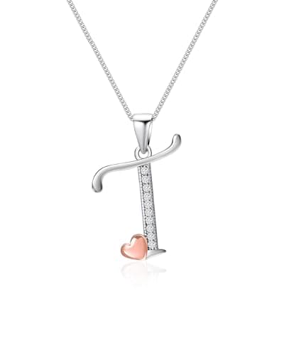 Image of Mesovor 925 Sterling Silver Initial Necklace for Women, Dainty Sterling Silver Letter Cubic Zirconia Necklace Jewelry Gifts for family Mother Sister Wife (Letter-T)