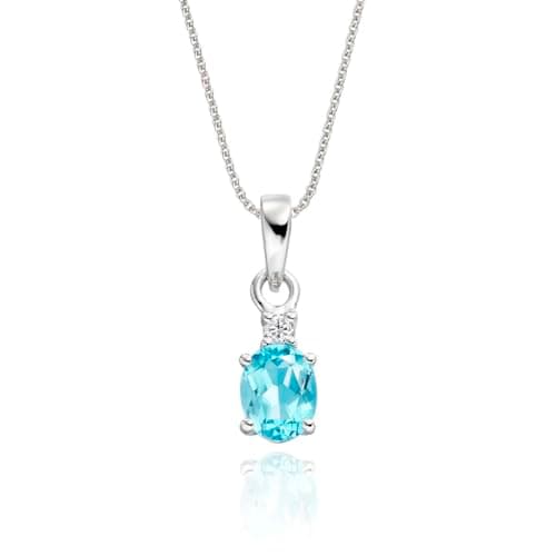 Image of Anakao 9ct White Gold Necklace for Women with a Blue Topaz Gemstone and Diamonds, Blue Topaz Pendant Necklace For Women with a 0.75 ct Oval-Shaped Blue Topaz and 0.04 ct Diamonds, with a 16 Inch Chain