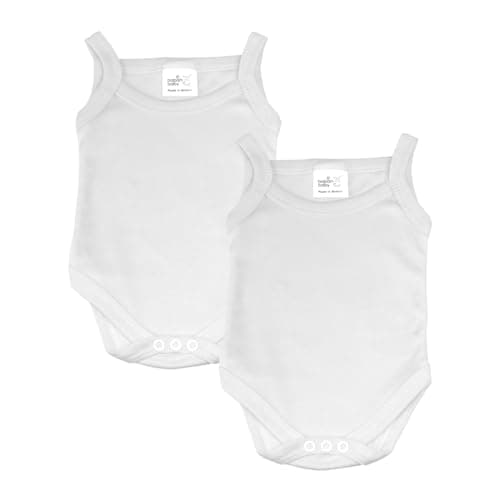 Image of Baby Vests, Sleeveless Baby Bodysuits, 100% Cotton Strap Shoulder Newborn Vests, British Made for Boys or Girls, 2 Pack, White, 12-18 Months