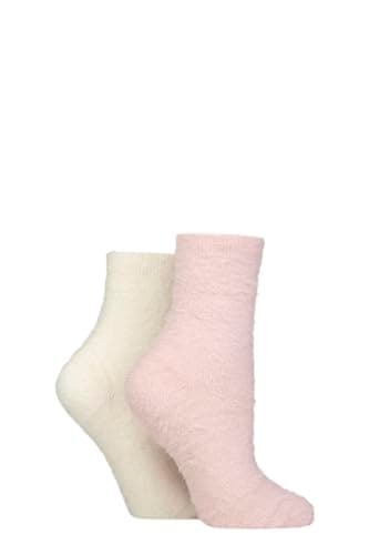 Image of SockShop Wildfeet Women’s 2 Pair Fluffy Feather Socks – Super Soft Cosy Lightweight Bed or Lounge Wear, Stylish Fuzzy Texture for Indoor Comfort, Relaxing, Gifting or Layering 4-8 Pink/Snow