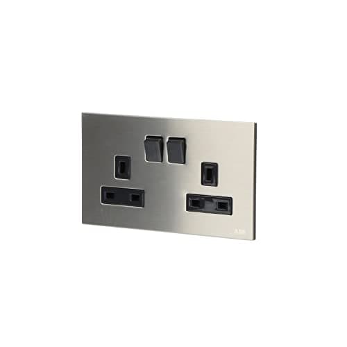 Image of ABB Millenium Double Plug Sockets • Stainless Steel Premium Finish 13A Electric Wall Socket • Elite Design for the Home and Business • AM239147-SB 2G BS DP Switched Double Socket