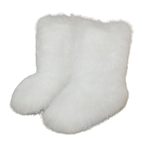 Image of Furry Faux Fur Boots for Women Colourful Winter Warm Soft Plush Snow Boots Fuzzy Fluffy Round Toe Suede Flat Shoes Outdoor Indoor Mid-Calf Boot White