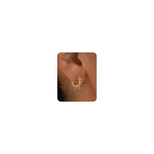 Image of PRTGL Hoop Earrings for Women – 14ct Gold Plated Mirror Polished Sunburst Huggie Hoop Earrings, Dainty Lightweight Gold Sun Hoops Jewelry