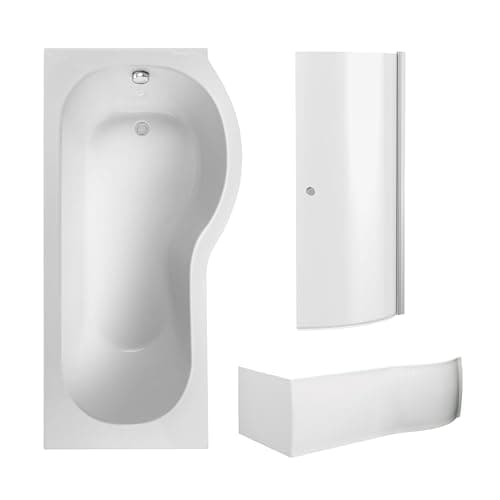 Image of Balterley 1700 x 850mm P Shape Shower Bath with Leg Set, Chrome P Shape Shower Screen with Knob & P-Shaped Bath Panel, Right Hand Single Ended Gloss White Soaking Baths, Acrylic Baths (White)