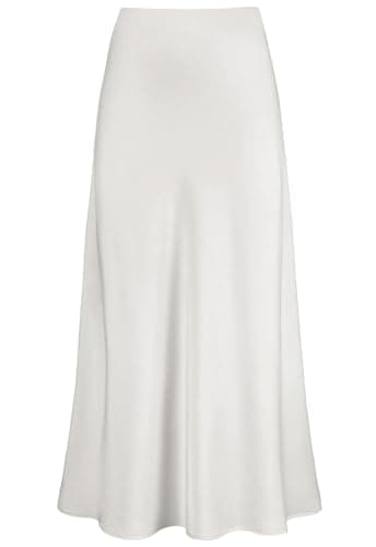 Image of Genfien Women's Skirts High Waist Hidden Elasticized Waistband Midi Skirts Midi Long Length Silk Satin Lightweight Unlined White
