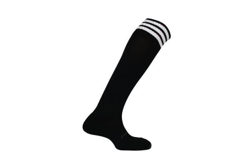 Image of Mitre Adult Mercury 3 Stripe Football Socks | Football Team Kit | Lightweight Long Sock | Breathable Sports Sock, Black/White, Senior (7 UK - 12 UK)