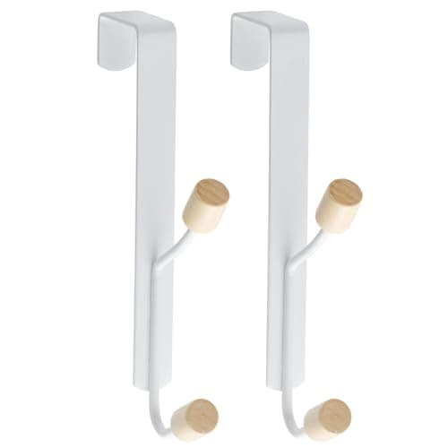 Image of MACOLE Over Door Hook Hanger with Wooden Knobs, Extra Strong Coat Towel Clothes Rack, Heavy Duty Stainless Steel, Rustproof, No Damage Install for Bedroom Bathroom Hallway, White Set of 2