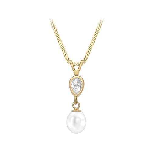 Image of CARISSIMA Women's 9ct Yellow Gold Fresh Water Pearl and CZ Pendant 6mm x 22.7mm on 9ct Yellow Gold Diamond Cut Curb Chain Necklace - 0.7mm - Length 46cm/18