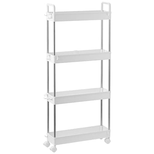 Image of 4-Tier Slim Storage Trolley with Slide-Out Rolling Utility Shelf, Plastic & Stainless Steel (White)
