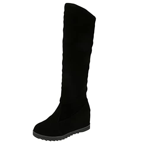 Image of Women Knee High Boots Mid Wedges Heel Warm Booties Foldable Knee-High Snow Long Boot Suede Slip On Shoes Warm Fur Lined Winter Boot Shoes Thigh High Booties Wide Calf Long Boots