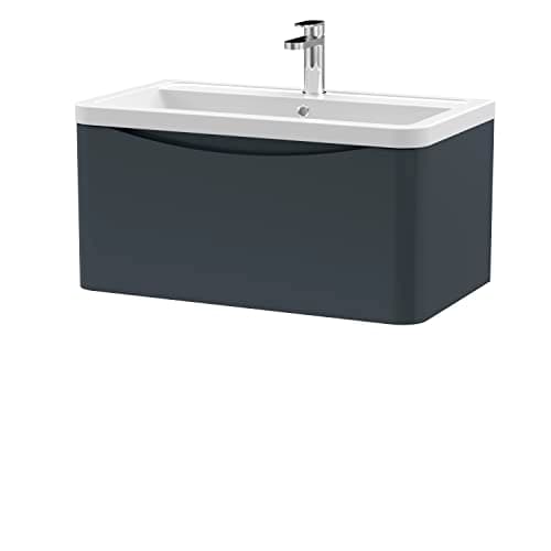Image of nuie LUN1406A Lunar Modern Bathroom Wall Hung 1 Drawer Vanity Basin Unit & Ceramic Basin, 800mm, Soft Black