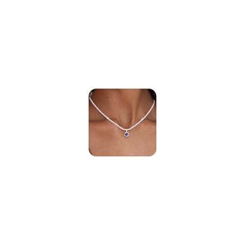 Image of Maynor Birthstone Necklace for Women, 925 Sterling Silver Necklace with Sapphire Sept Cubic Zirconia Pendant, Adjustable Silver Chain, Personalised Choker Jewellery Birthday Gift for Women & Girls