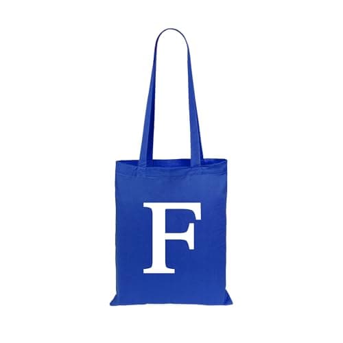 Image of eBuyGB Initial Tote Bag, Monogram Cotton Shopper Bag, Children's Party Goodie Bag, Letter Shoulder Bag for Her, Swimming, Gym, Shopping, Beach Bag (Blue)