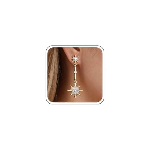 Image of Aneneiceera Boho Crystal North Star Earrings Gold Cz Star Drop Earrings Long Northstar Dangle Earrings Rhinestone Starburst Earring Jewelry for Women and Girls