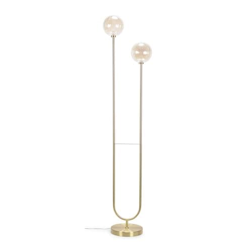 Image of ValueLights | Gold Metal Bar 2 Way Dual Floor Lamp with Amber Ribbed Glass Globe Shades | Floor Lamps & Torchieres, Home Décor & Improvement Essential | Includes Bulb