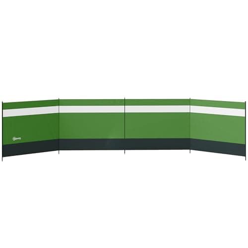 Image of Outsunny Camping Windbreak, 4 Pole Windbreaker Blocker with Clear Windows and Steel Poles, for Beach Caravan Campervan, 725 x 140cm, Army Green