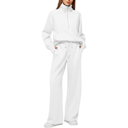 Image of Momuk Women's 2 Piece Outfits Sweatsuit Set Casual Lapel Half Zip Sweatshirts and Wide Leg Pants Lounge Set Tracksuit (White XL)