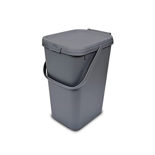 Image of Addis 519286 Kitchen Recycling & General Storage bin 18 litres Stackable Food Waste Organiser Caddy with Clip lock lid & carrying Handle, Metallic Silver