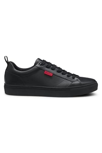 Image of HUGO Mens Morrie Tenn Faux-Leather Trainers with red Logo Flag Size 12