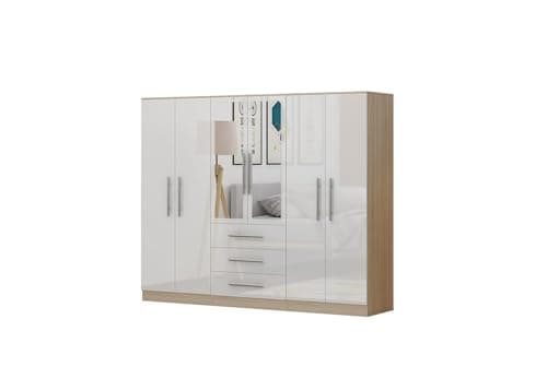 Image of Unique Furnishings Gloss White Large Wardrobe - 6 Door 3 Drawers & Long Mirror