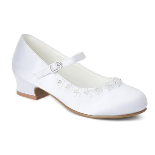 Image of Girls' White Satin Mary Jane Shoes, Low Heel with Diamante Detail, Communion Wedding Party Special Occasion (White, UK Footwear Size System, Big Kid, Women, Numeric, Medium, 2)