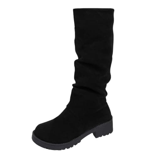 Image of 2026 Wide Fit Mid Calf Boots Suede Fall Winter Fashion Walking Hiking Block Heel Knee-High City Country Walk Women Chelsea Waterproof Leather Non Slip (6) Black