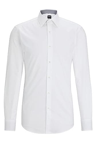 Image of BOSS Mens H-HANK-kent-C3-214 Slim-fit Shirt in Easy-Iron Structured Stretch Cotton White