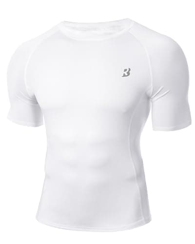 Image of WISMBOX Men's Compression Shirt, Short Sleeve Quick Dry T-Shirt, UPF 50+ Sun Protection Base Layer Gym Top for Running Football White