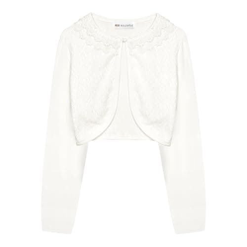 Image of Bolerose Girls Long Sleeve Floral Lace Bolero Cardigan Kids Shrug Cover Up (Ivory, 7-8 Years)