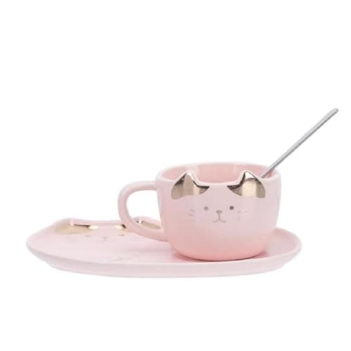 Image of Huiyiwert Porcelain Espresso Cup Set Cute Cat Coffee Cup with Saucer and Spoon 200 ml Cappuccino Cup Gift for Cat Lovers Birthday Mother's Day (Pink)