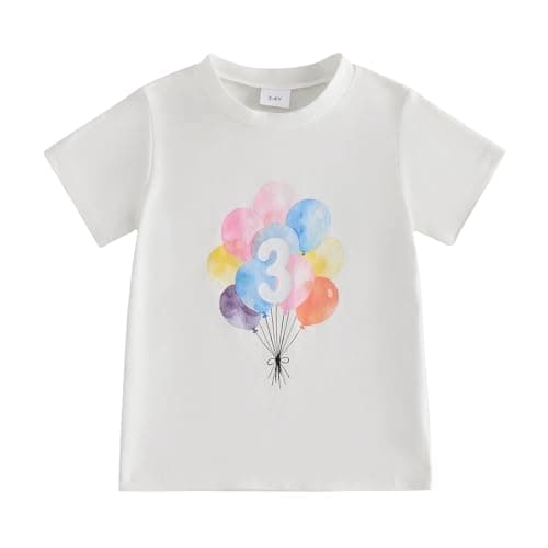 Image of Himllauen Toddler Baby Girls Summer Birthday Shirts Number Letter Print Short Sleeve Crew Neck Cute T-Shirt Little Girls Birthday Summer Clothes Tops 1-6 Years (White Balloon 3, 3-4 Years)